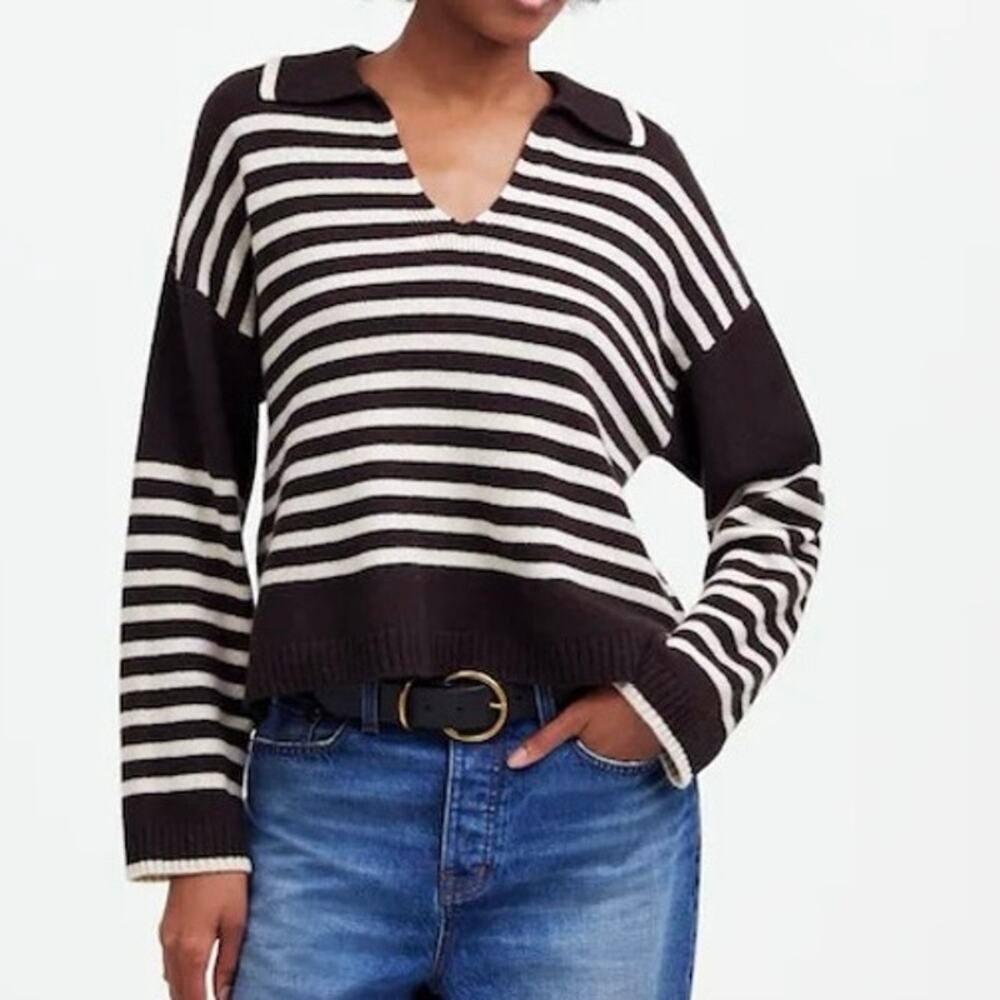 MADEWELL Espresso Brown Striped Cashmere-Wool Blend Polo Knit Sweater Top S NWT